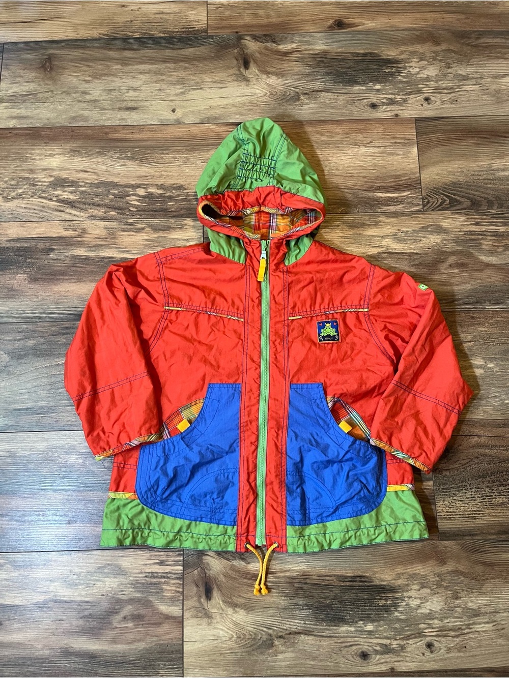 Topolino Y2K Girls Vintage Hooded Jacket 90s Orange Green Retro Frog Plaid Lined